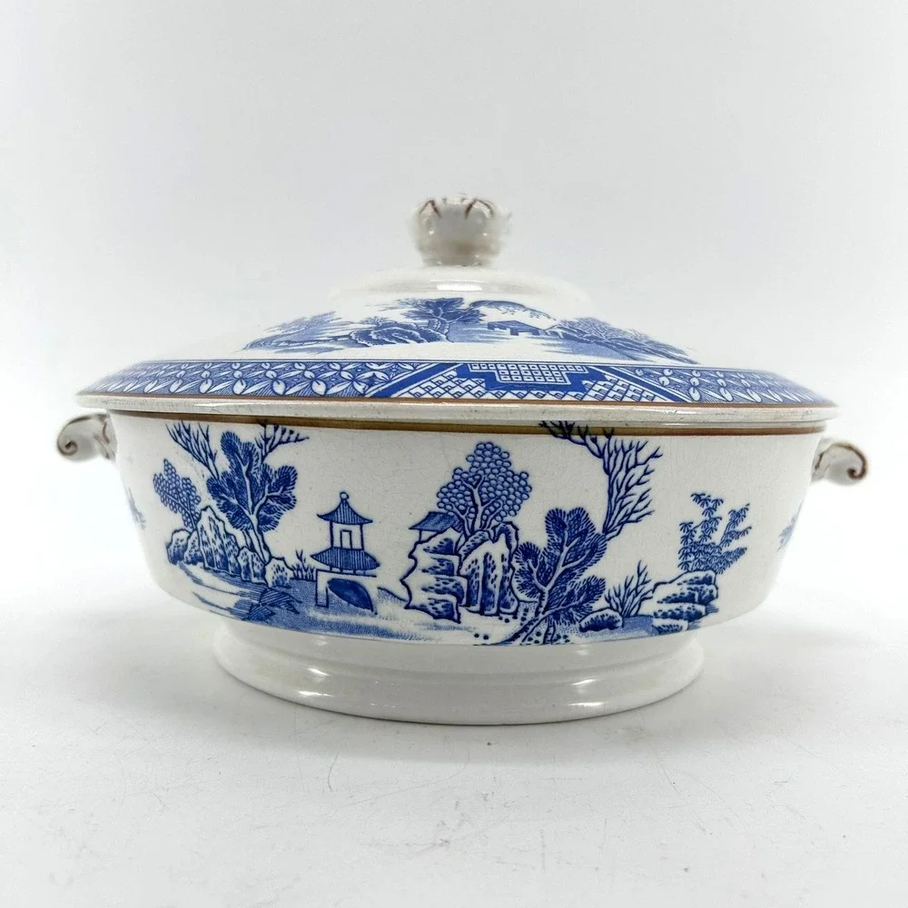 Booths Silicon China Blue Willow Tureen Serving Bowl England Pagoda Pattern